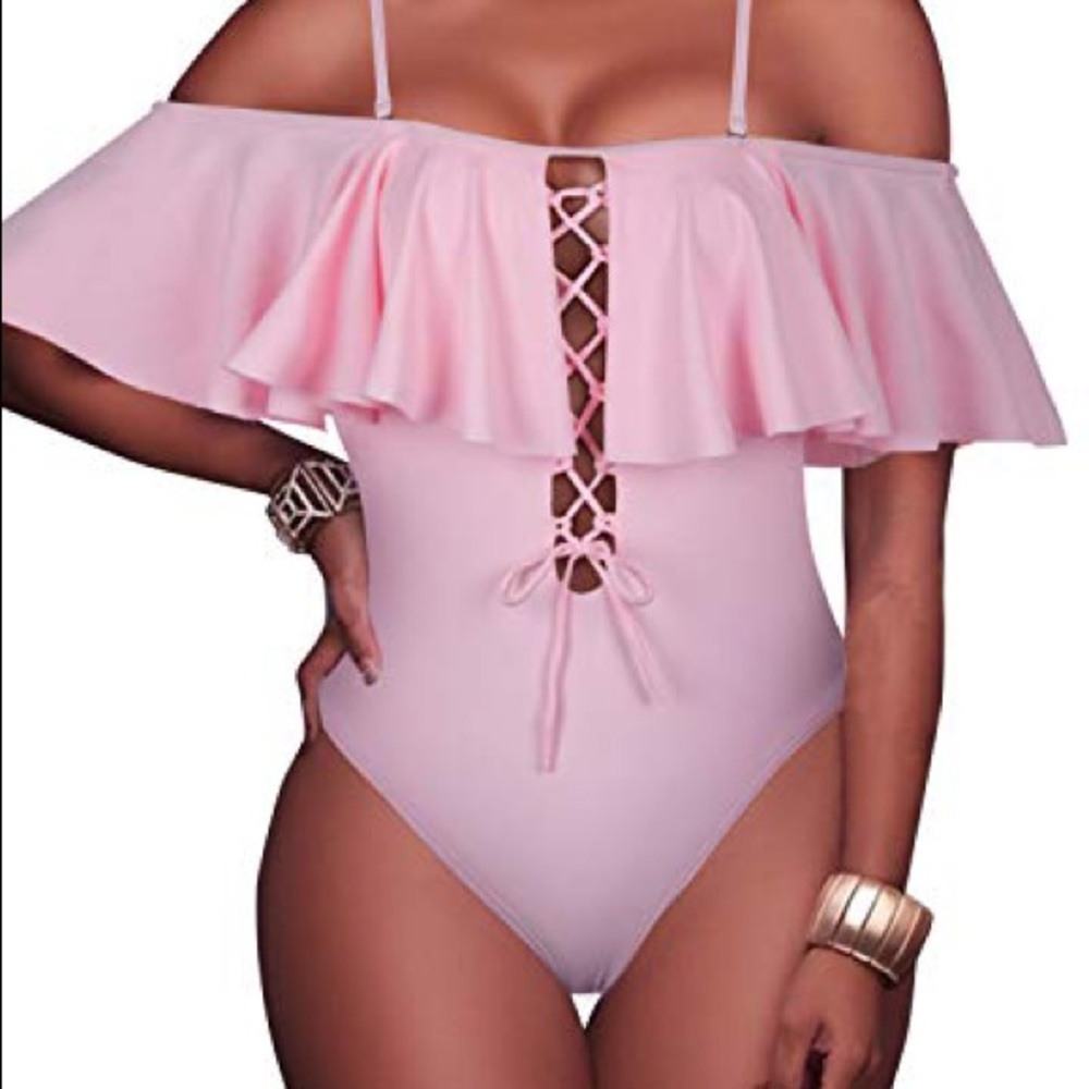 Tempt Me One Piece Lace Up Bathing Suit Pink